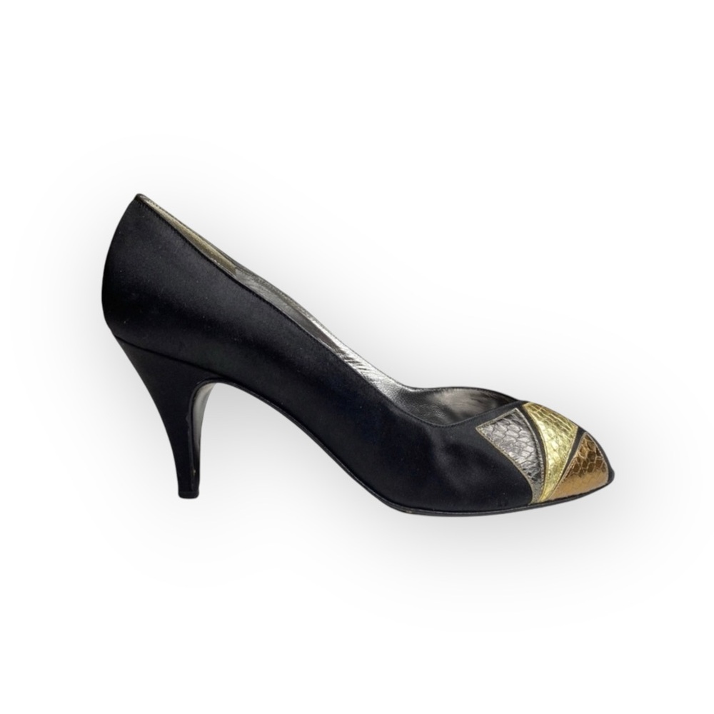 Vintage: Bruno Magli ✦ Kitten Heel Peep Toe Pumps ✦ Metallic Leather Patchwork ✦ - Picture 2 of 16